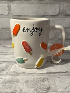 White Ceramic 'Enjoy' Popsicle Mug  Multicolor Accents 16 Oz